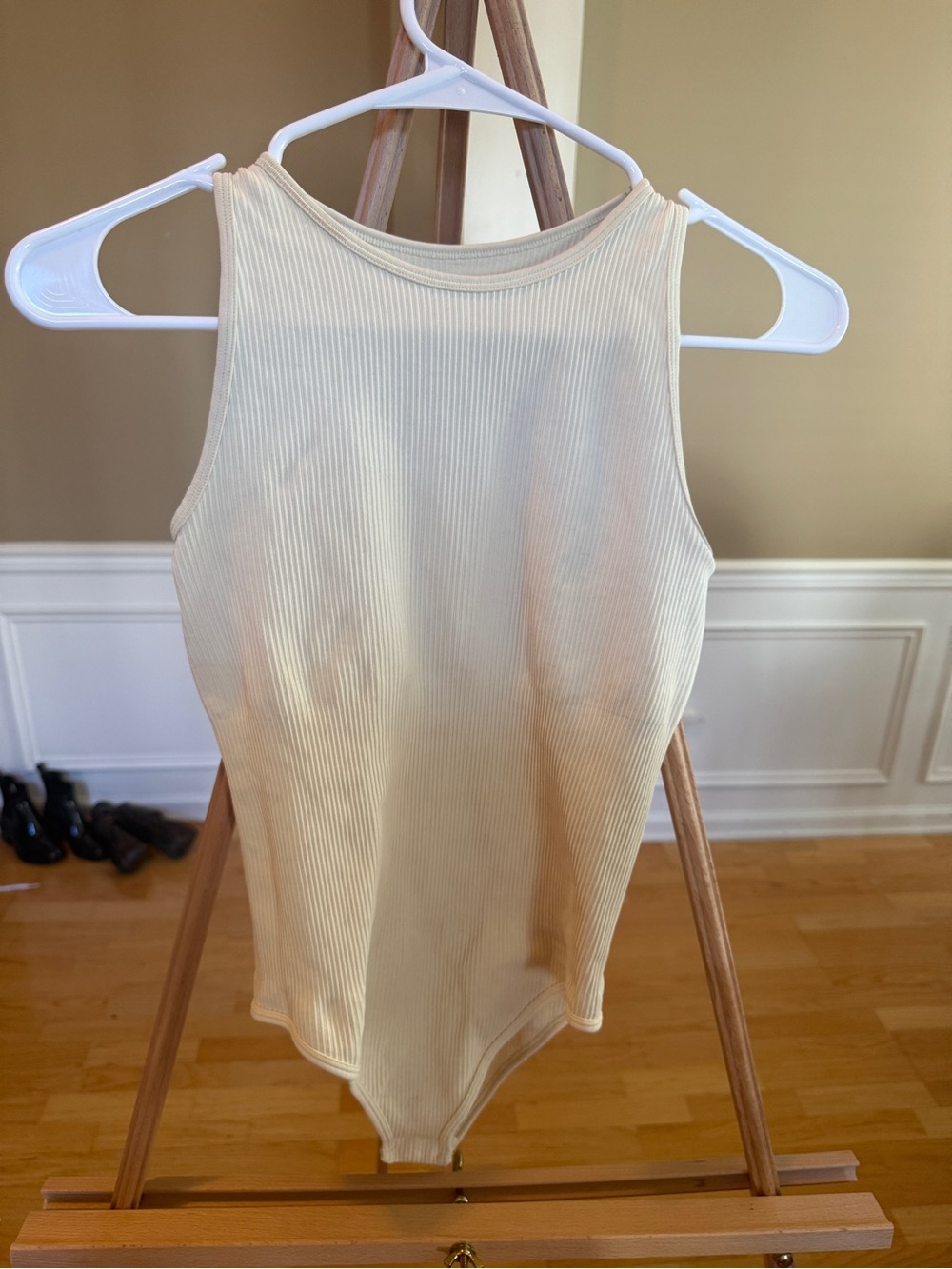 Cream Ribbed High-Neck Sleeveless Bodysuit